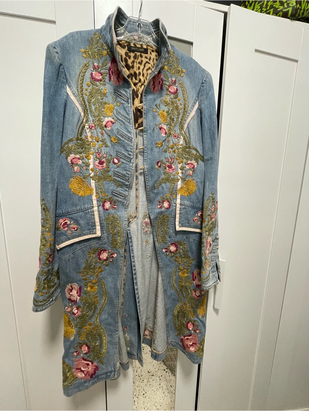 Roberto Cavalli Embroidered Blue Denim Coat with Leopard Lining vintage - Picture 10 of 11